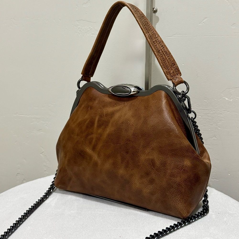Crazy Horse Cowhide Handmade Custom Frame Push Lock Handbag/Multi Use Style